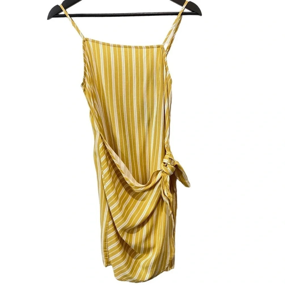 NWT Golden Yellow White Striped Faux Wrap Mini Dress w/ Spaghetti Straps Size M